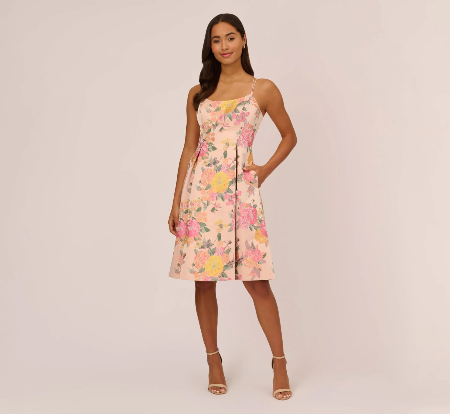 Adrianna Papell Floral Jacquard Dress With Pleated Details In Rose Multi 8 Adrianna Papell Floral Jacquard Dress With Pleated Details In Rose Multi - Image 6