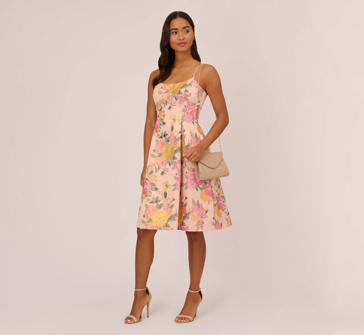 Adrianna Papell Floral Jacquard Dress With Pleated Details In Rose Multi 4 Adrianna Papell Floral Jacquard Dress With Pleated Details In Rose Multi - Image 2