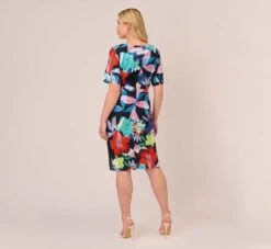 Adrianna Papell Plus Size Floral Knotted Sheath Dress With Elbow-Length Sleeves In Dark Navy Multi -Adrianna Papell Shop AP1D105033 BF410 Plus Back