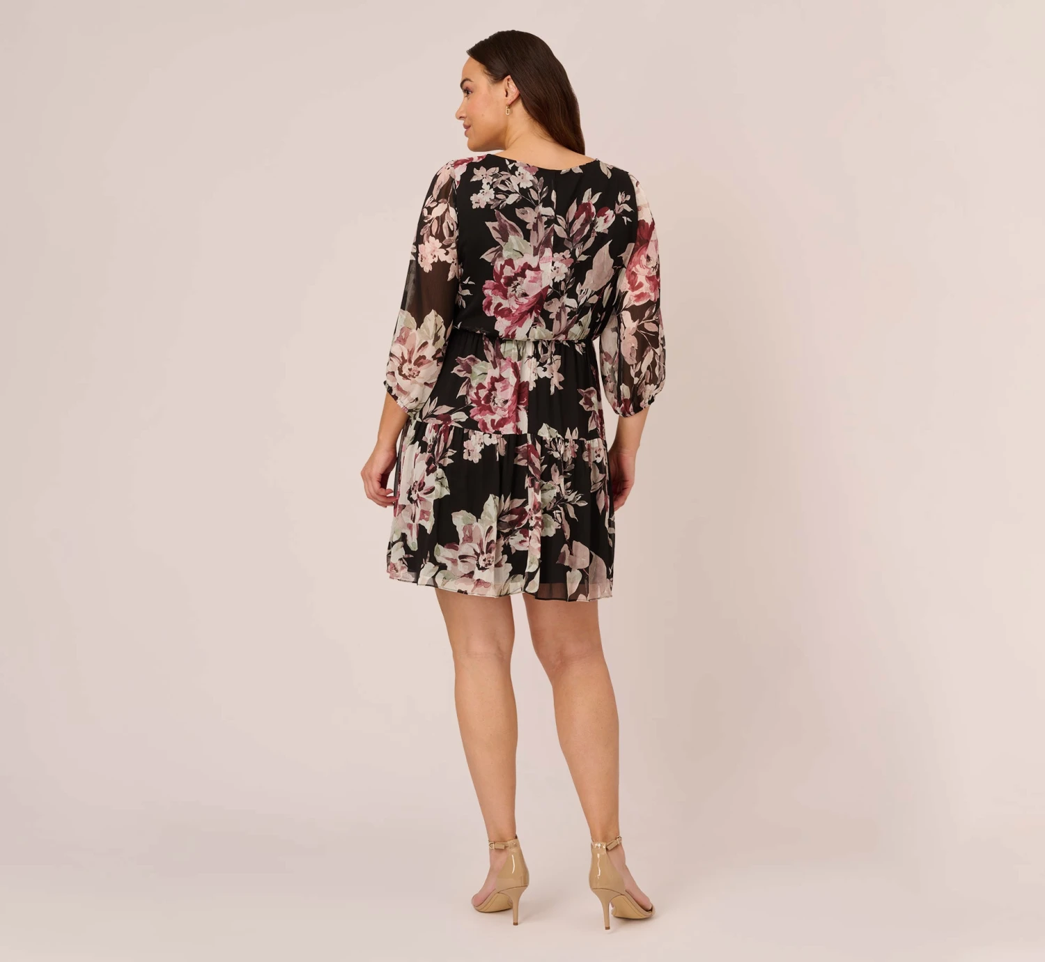 Adrianna Papell Plus Size Floral Chiffon Dress With Three Quarter Length Sleeves In Black Multi 6 Adrianna Papell Plus Size Floral Chiffon Dress With Three Quarter Length Sleeves In Black Multi - Image 4