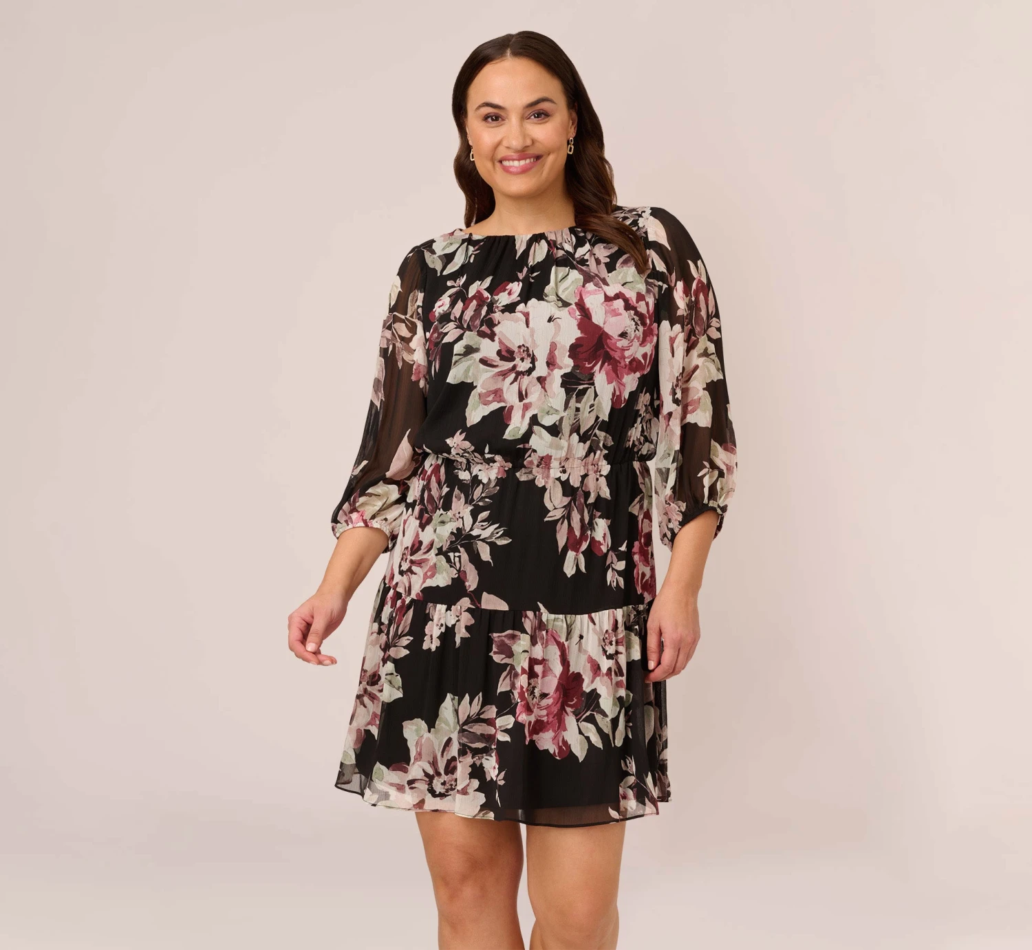Adrianna Papell Plus Size Floral Chiffon Dress With Three Quarter Length Sleeves In Black Multi 3 Adrianna Papell Plus Size Floral Chiffon Dress With Three Quarter Length Sleeves In Black Multi