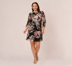 Adrianna Papell Plus Size Floral Chiffon Dress With Three Quarter Length Sleeves In Black Multi 15 Adrianna Papell Plus Size Floral Chiffon Dress With Three Quarter Length Sleeves In Black Multi -Adrianna Papell Shop AP1D105038 AA963 Plus Front