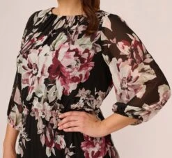Adrianna Papell Plus Size Floral Chiffon Dress With Three Quarter Length Sleeves In Black Multi 11 Adrianna Papell Plus Size Floral Chiffon Dress With Three Quarter Length Sleeves In Black Multi -Adrianna Papell Shop AP1D105038 AA963 Plus Lifestyle