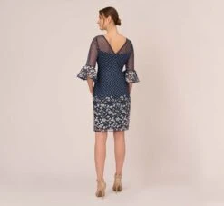 Adrianna Papell Floral Lattice Embroidered Sheath Dress With Sheer Sleeves In Navy Ivory 11 Adrianna Papell Floral Lattice Embroidered Sheath Dress With Sheer Sleeves In Navy Ivory -Adrianna Papell Shop AP1D105044 BH980 Regular Back