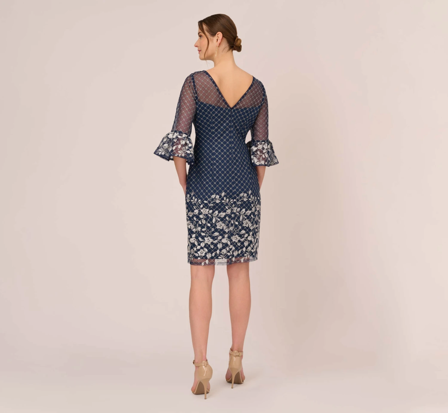 Adrianna Papell Floral Lattice Embroidered Sheath Dress With Sheer Sleeves In Navy Ivory 6 Adrianna Papell Floral Lattice Embroidered Sheath Dress With Sheer Sleeves In Navy Ivory - Image 4