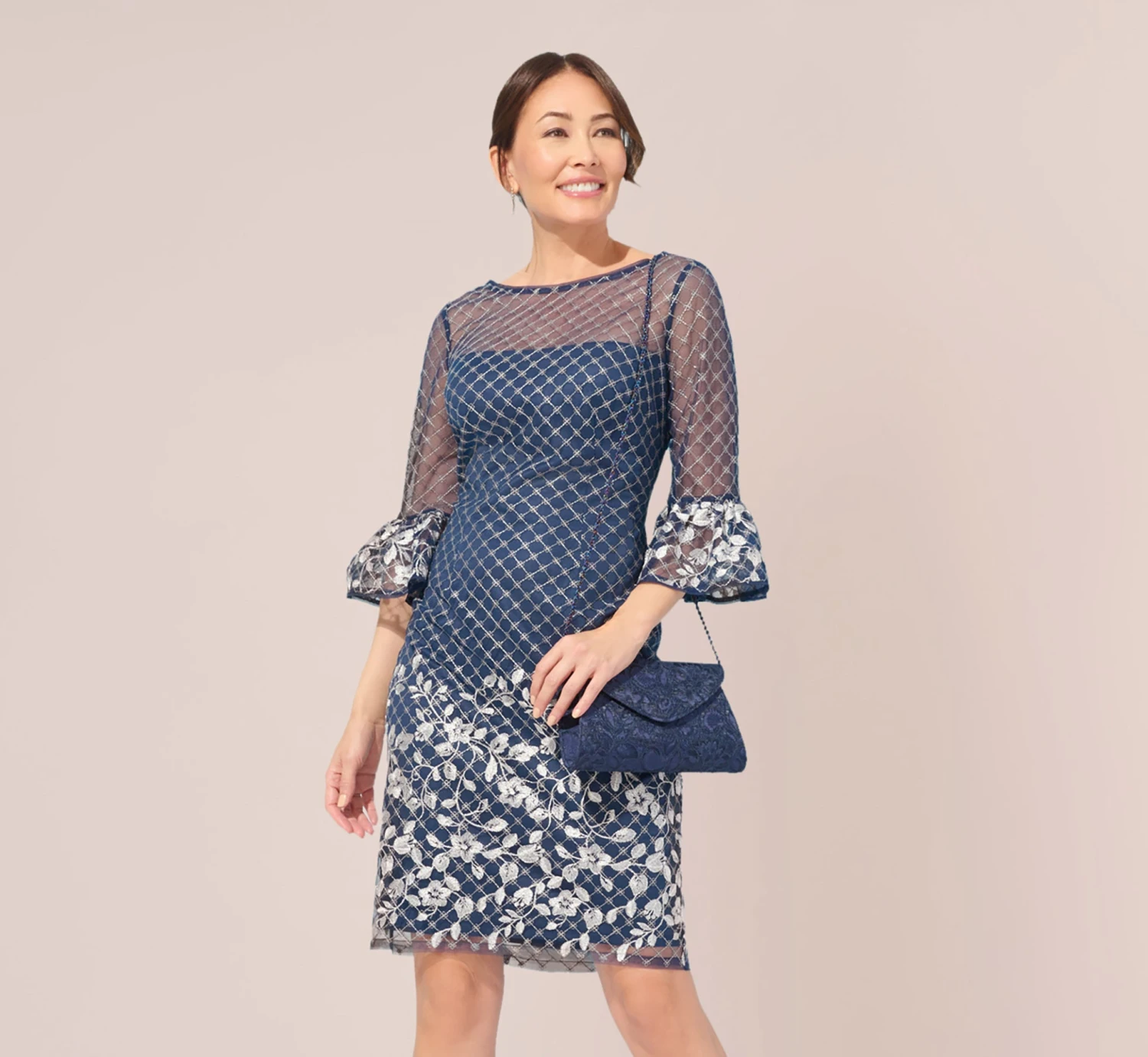 Adrianna Papell Floral Lattice Embroidered Sheath Dress With Sheer Sleeves In Navy Ivory 3 Adrianna Papell Floral Lattice Embroidered Sheath Dress With Sheer Sleeves In Navy Ivory