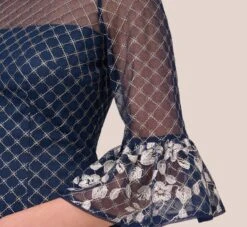 Adrianna Papell Floral Lattice Embroidered Sheath Dress With Sheer Sleeves In Navy Ivory 10 Adrianna Papell Floral Lattice Embroidered Sheath Dress With Sheer Sleeves In Navy Ivory -Adrianna Papell Shop AP1D105044 BH980 Regular Lifestyle
