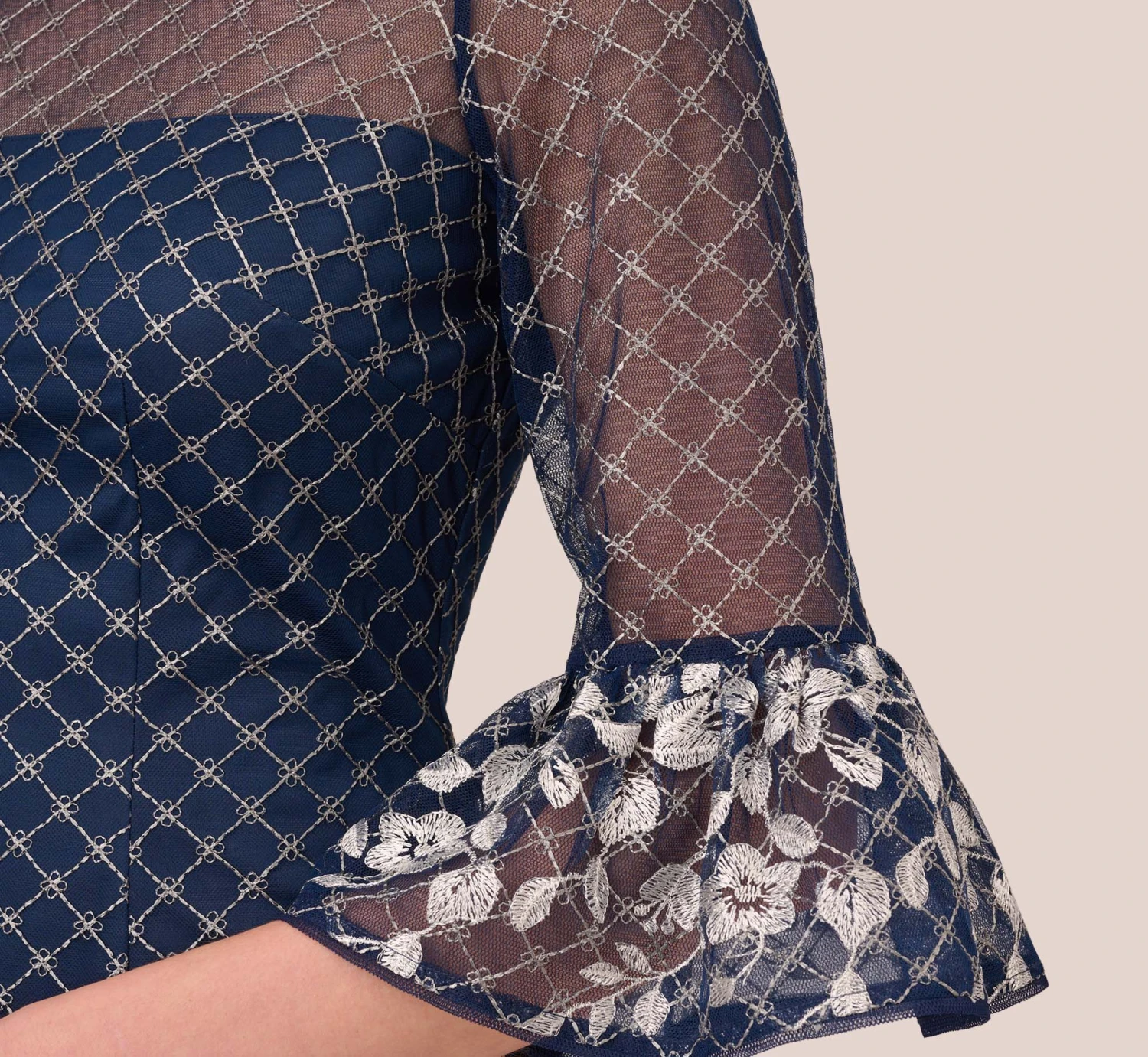 Adrianna Papell Floral Lattice Embroidered Sheath Dress With Sheer Sleeves In Navy Ivory 5 Adrianna Papell Floral Lattice Embroidered Sheath Dress With Sheer Sleeves In Navy Ivory - Image 3