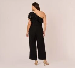 Adrianna Papell Plus Size One Shoulder Crepe Jumpsuit With Lace Ruffle Details In Black 11 Adrianna Papell Plus Size One Shoulder Crepe Jumpsuit With Lace Ruffle Details In Black -Adrianna Papell Shop AP1D105049 AA002 Plus Back