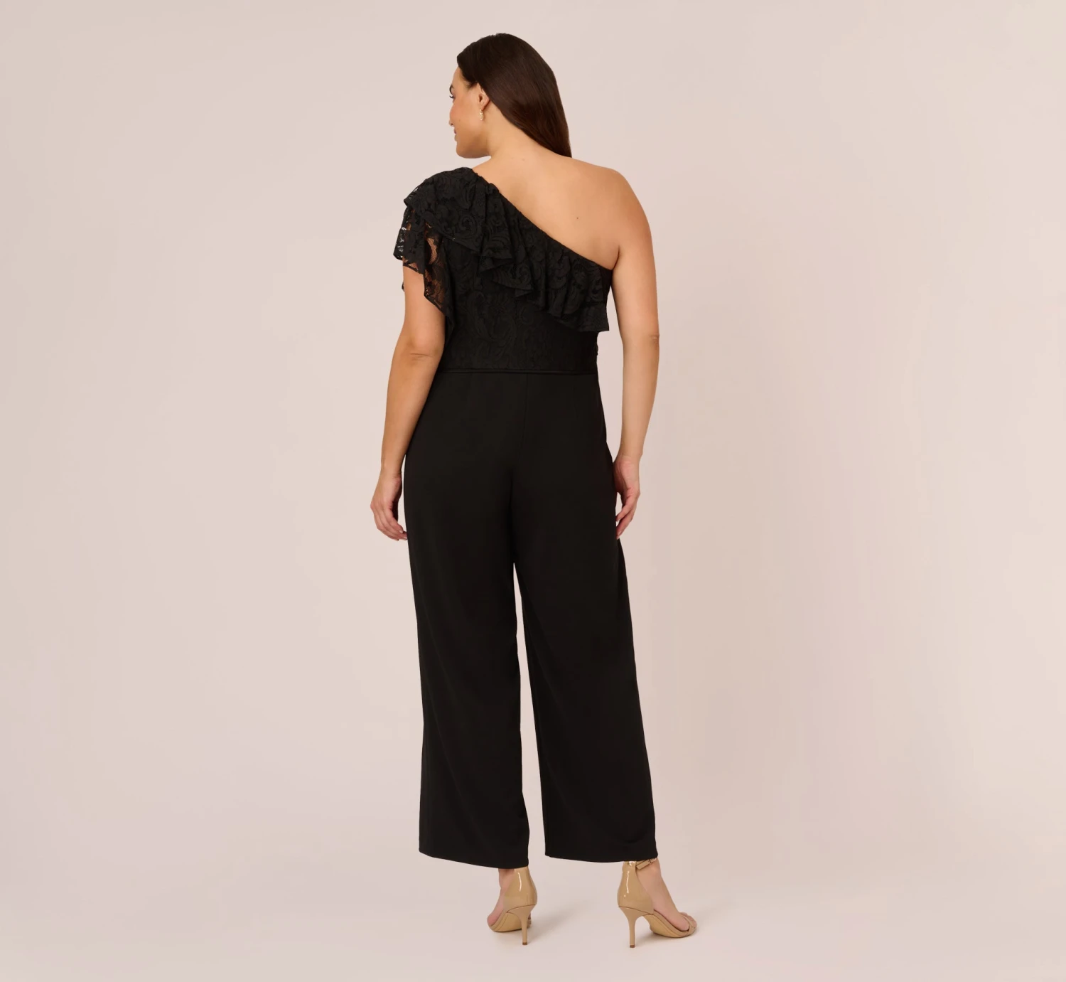 Adrianna Papell Plus Size One Shoulder Crepe Jumpsuit With Lace Ruffle Details In Black 6 Adrianna Papell Plus Size One Shoulder Crepe Jumpsuit With Lace Ruffle Details In Black - Image 4