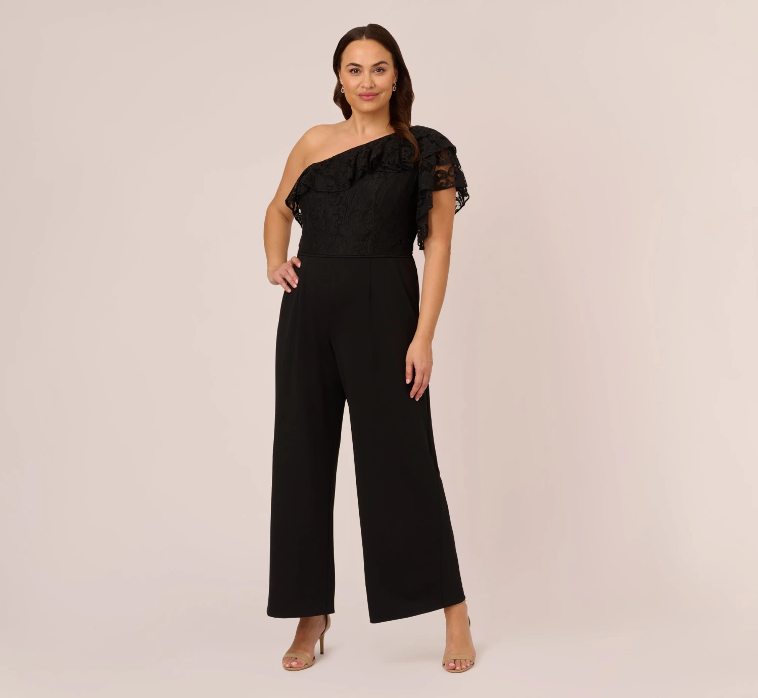 Adrianna Papell Plus Size One Shoulder Crepe Jumpsuit With Lace Ruffle Details In Black 3 Adrianna Papell Plus Size One Shoulder Crepe Jumpsuit With Lace Ruffle Details In Black