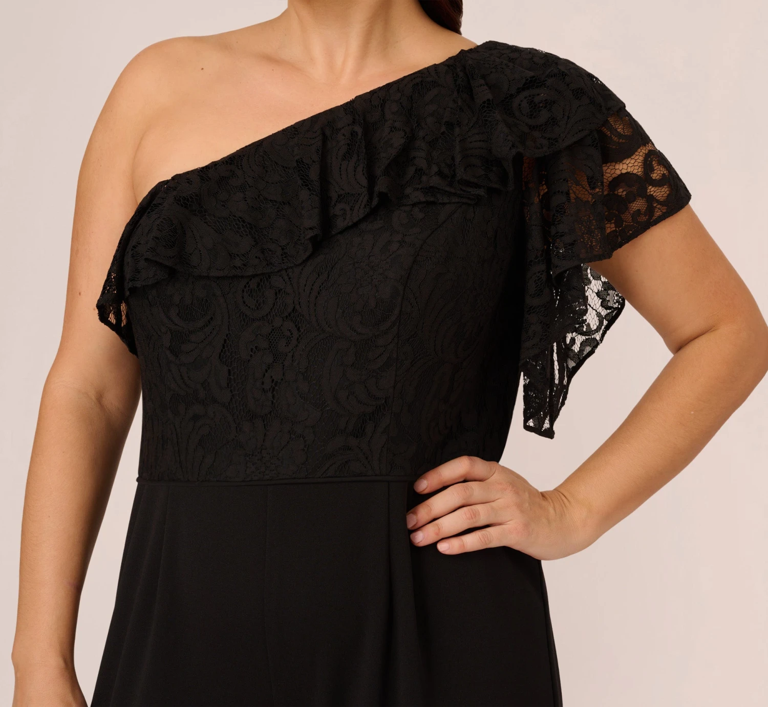 Adrianna Papell Plus Size One Shoulder Crepe Jumpsuit With Lace Ruffle Details In Black 5 Adrianna Papell Plus Size One Shoulder Crepe Jumpsuit With Lace Ruffle Details In Black - Image 3
