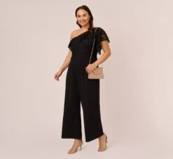 Adrianna Papell Plus Size One Shoulder Crepe Jumpsuit With Lace Ruffle Details In Black 9 Adrianna Papell Plus Size One Shoulder Crepe Jumpsuit With Lace Ruffle Details In Black -Adrianna Papell Shop AP1D105049 AA002 Plus Side
