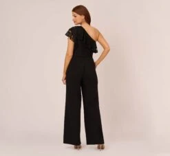 Adrianna Papell One Shoulder Crepe Jumpsuit With Lace Ruffle Details In Black -Adrianna Papell Shop AP1D105049 AA002 Regular Back
