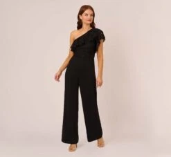 Adrianna Papell One Shoulder Crepe Jumpsuit With Lace Ruffle Details In Black