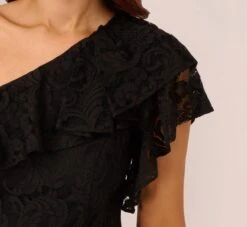 Adrianna Papell One Shoulder Crepe Jumpsuit With Lace Ruffle Details In Black -Adrianna Papell Shop AP1D105049 AA002 Regular Detail