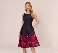 Adrianna Papell Jacquard Midi Dress With Metallic Floral Trim In Navy Pink Multi