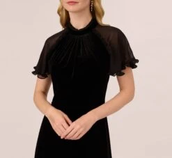 Adrianna Papell Mock Neck Velvet Dress With Sheer Short Sleeves In Black -Adrianna Papell Shop AP1D105096 AA002 Regular Detail