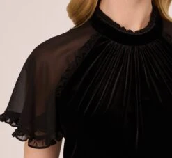 Adrianna Papell Mock Neck Velvet Dress With Sheer Short Sleeves In Black -Adrianna Papell Shop AP1D105096 AA002 Regular Lifestyle