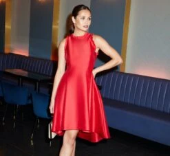 Adrianna Papell Halter Mikado Dress With Ruffle Trim In Red