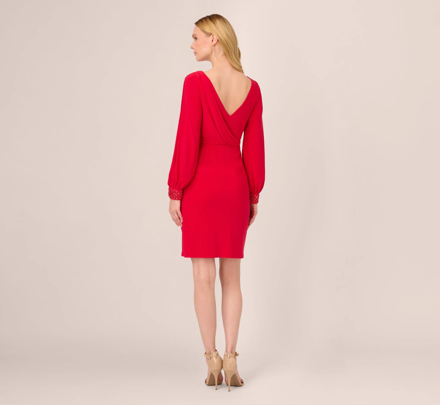 Adrianna Papell Long Sleeve Draped Jersey Dress With Beaded Cuffs In Hot Ruby 6 Adrianna Papell Long Sleeve Draped Jersey Dress With Beaded Cuffs In Hot Ruby - Image 4