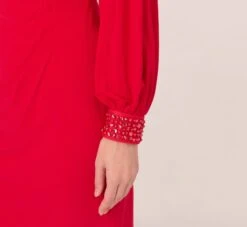 Adrianna Papell Long Sleeve Draped Jersey Dress With Beaded Cuffs In Hot Ruby 13 Adrianna Papell Long Sleeve Draped Jersey Dress With Beaded Cuffs In Hot Ruby -Adrianna Papell Shop AP1D105124 AU610 Regular Detail