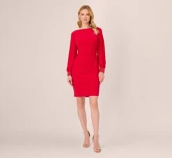 Adrianna Papell Long Sleeve Draped Jersey Dress With Beaded Cuffs In Hot Ruby 14 Adrianna Papell Long Sleeve Draped Jersey Dress With Beaded Cuffs In Hot Ruby -Adrianna Papell Shop AP1D105124 AU610 Regular Front