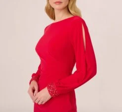 Adrianna Papell Long Sleeve Draped Jersey Dress With Beaded Cuffs In Hot Ruby 11 Adrianna Papell Long Sleeve Draped Jersey Dress With Beaded Cuffs In Hot Ruby -Adrianna Papell Shop AP1D105124 AU610 Regular Lifestyle