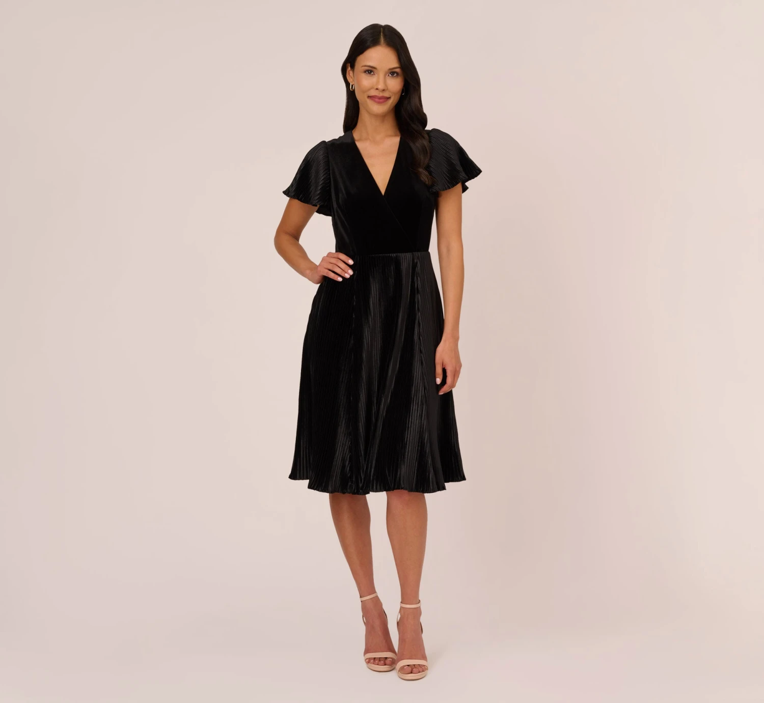 Adrianna Papell Short Sleeve Velvet Pleated Midi Dress In Black 3 Adrianna Papell Short Sleeve Velvet Pleated Midi Dress In Black