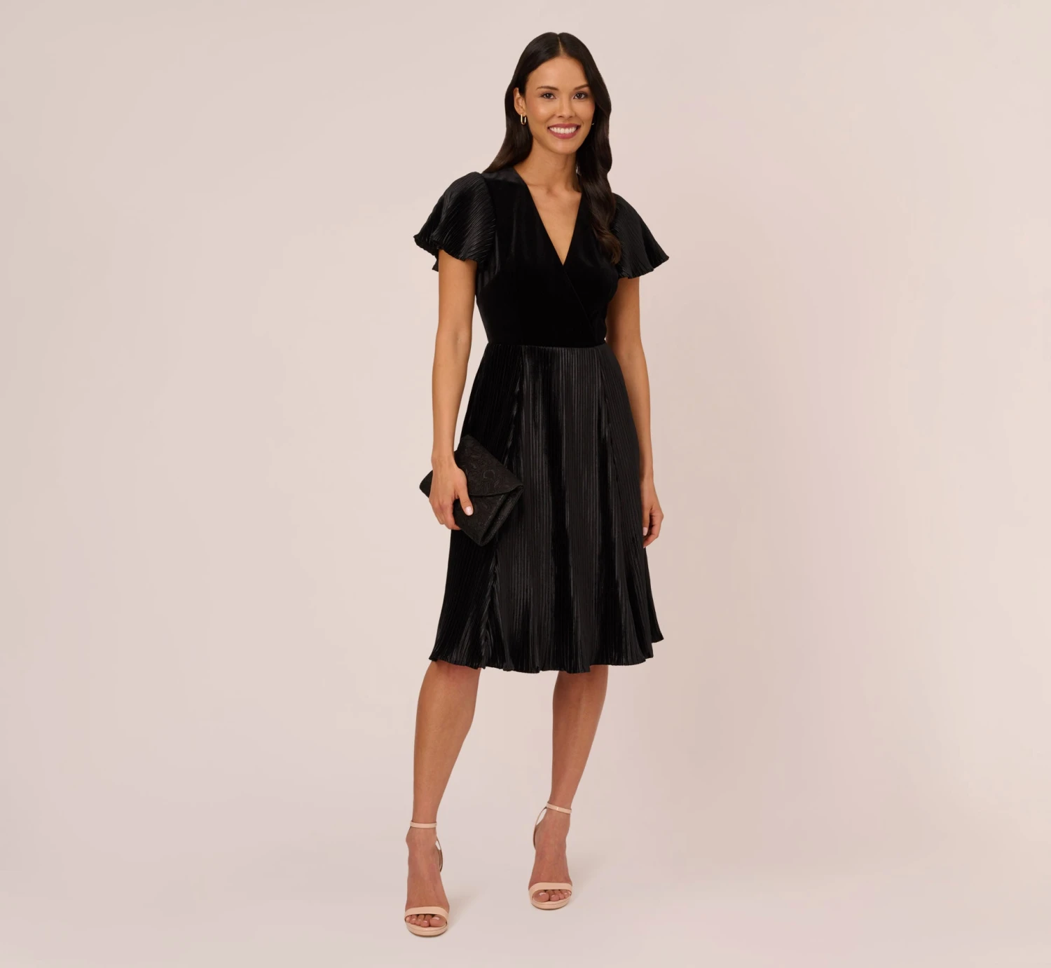 Adrianna Papell Short Sleeve Velvet Pleated Midi Dress In Black 4 Adrianna Papell Short Sleeve Velvet Pleated Midi Dress In Black - Image 2