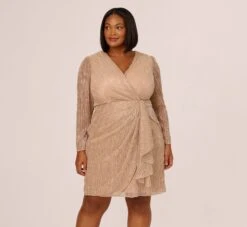 Adrianna Papell Plus Size Metallic Long Sleeve Dress With Draped Details In Light Gold