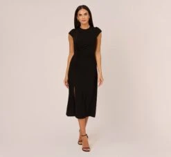 Adrianna Papell Jersey Midi Dress With Cap Sleeves In Black