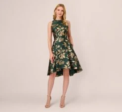 Adrianna Papell Metallic Jacquard High Low Dress With Ruffle Details In Hunter