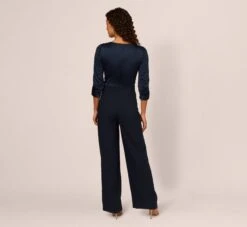Adrianna Papell Satin Crepe Three Quarter Sleeve Jumpsuit With Buckle Waist In Dark Navy -Adrianna Papell Shop AP1D105207 AV410 Regular Back