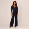 Adrianna Papell Satin Crepe Three Quarter Sleeve Jumpsuit With Buckle Waist In Dark Navy