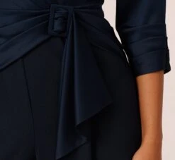 Adrianna Papell Satin Crepe Three Quarter Sleeve Jumpsuit With Buckle Waist In Dark Navy -Adrianna Papell Shop AP1D105207 AV410 Regular Lifestyle