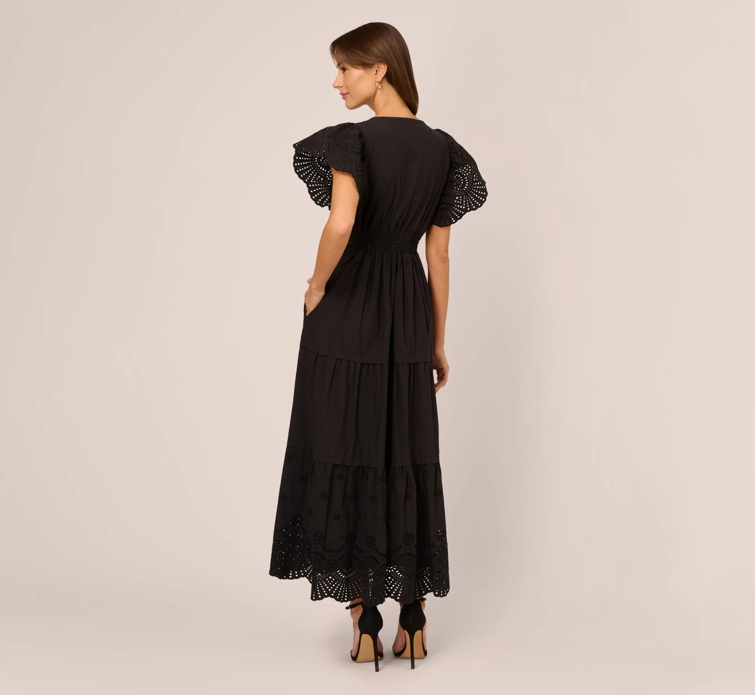 Adrianna Papell Eyelet Maxi Dress With Scalloped Short Sleeves In Black 6 Adrianna Papell Eyelet Maxi Dress With Scalloped Short Sleeves In Black - Image 4