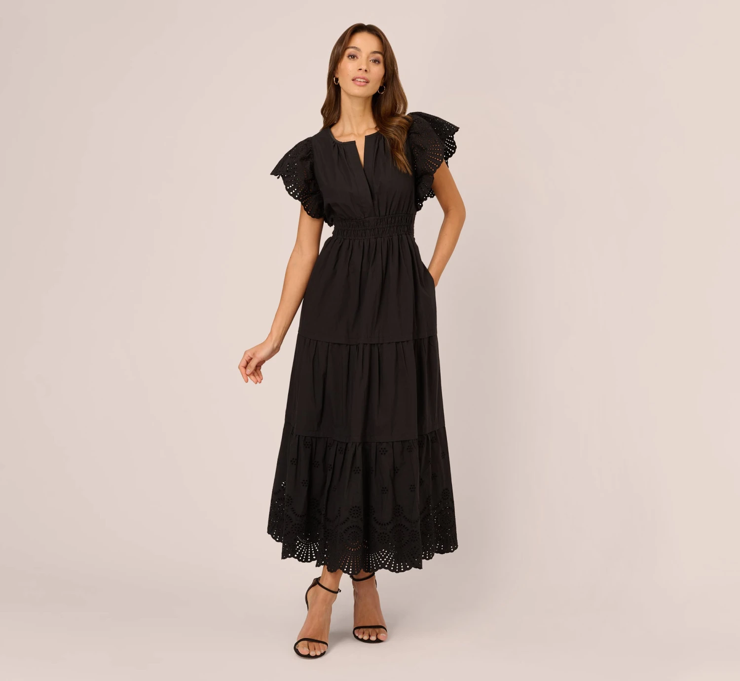Adrianna Papell Eyelet Maxi Dress With Scalloped Short Sleeves In Black 4 Adrianna Papell Eyelet Maxi Dress With Scalloped Short Sleeves In Black - Image 2