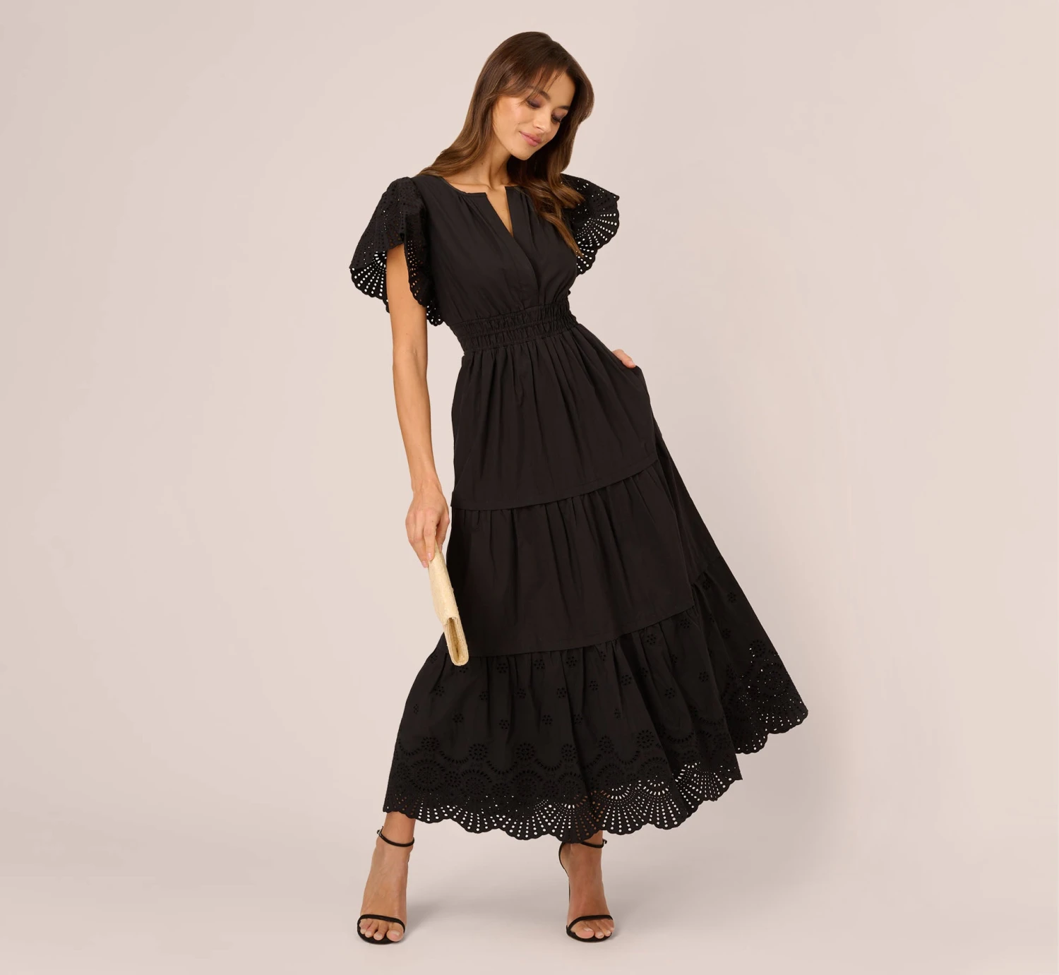 Adrianna Papell Eyelet Maxi Dress With Scalloped Short Sleeves In Black 3 Adrianna Papell Eyelet Maxi Dress With Scalloped Short Sleeves In Black
