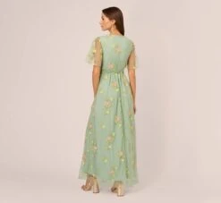Adrianna Papell Floral Embroidered Maxi Dress With Sheer Flutter Sleeves In Sage Multi -Adrianna Papell Shop AP1D105325 AA359 Regular Back