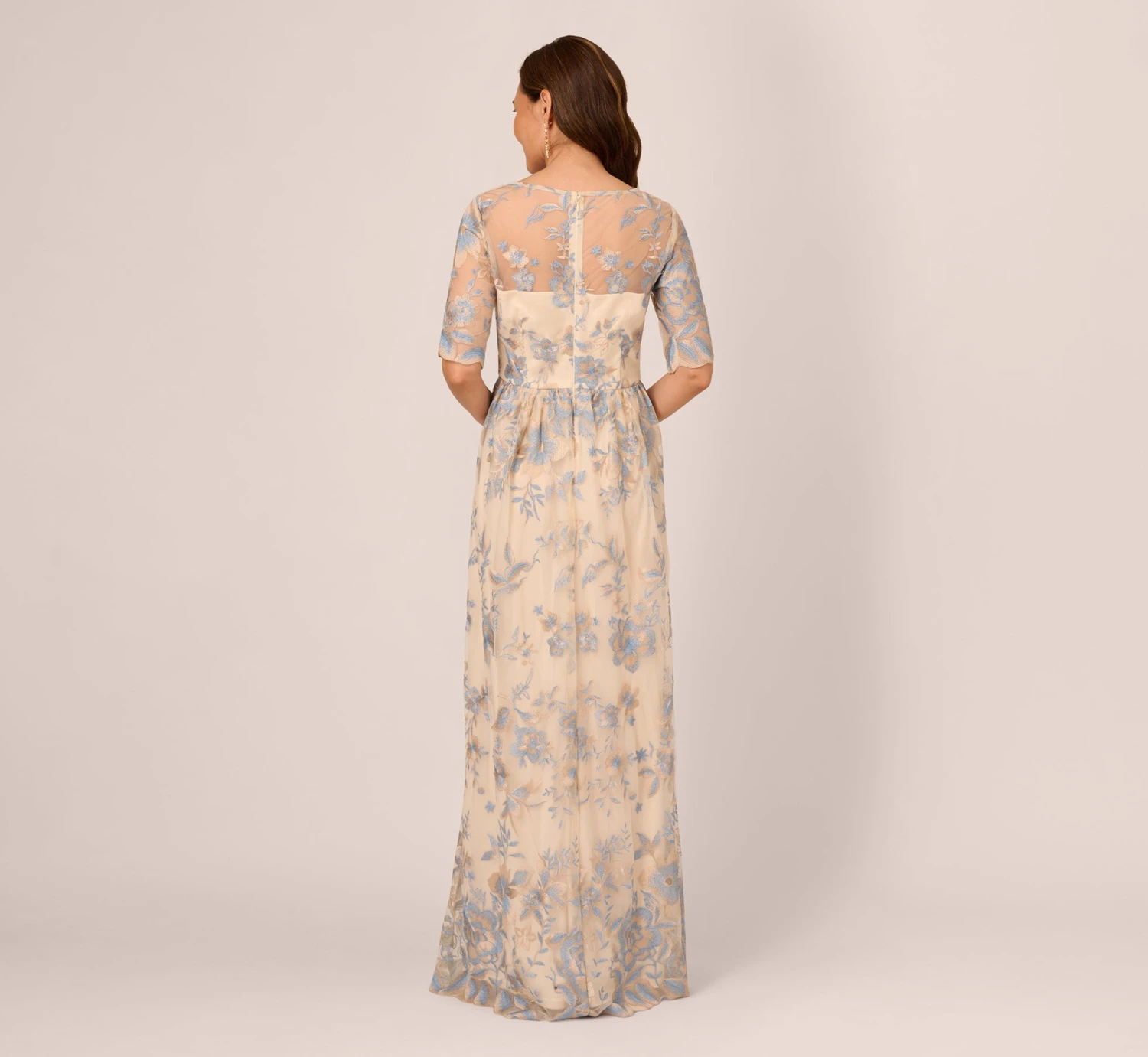 Adrianna Papell Short Sleeve Floral Embroidered Dress With Sheer Neckline In Thundercloud Gold 6 Adrianna Papell Short Sleeve Floral Embroidered Dress With Sheer Neckline In Thundercloud Gold - Image 4