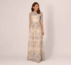 Adrianna Papell Short Sleeve Floral Embroidered Dress With Sheer Neckline In Thundercloud Gold