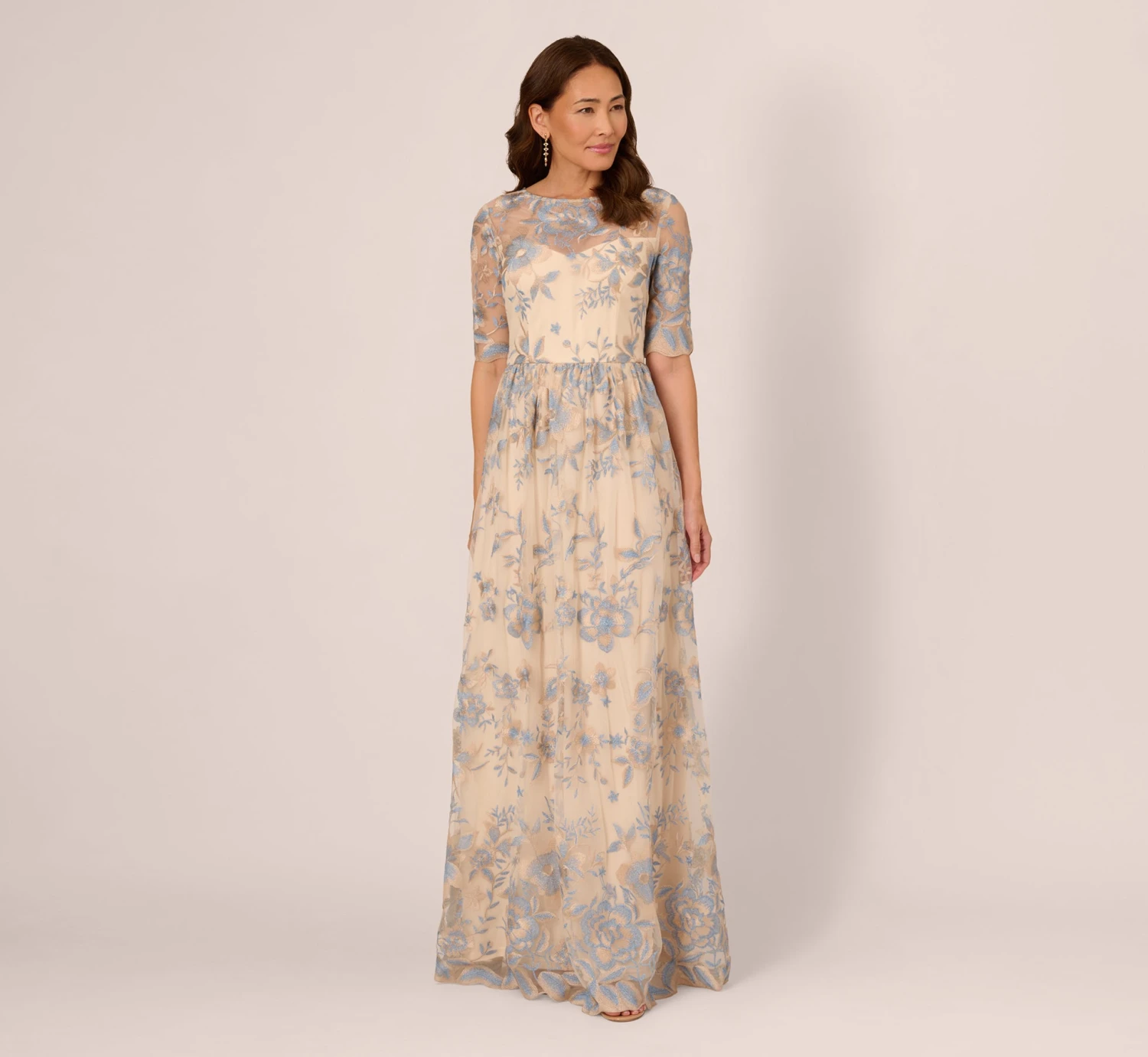 Adrianna Papell Short Sleeve Floral Embroidered Dress With Sheer Neckline In Thundercloud Gold 3 Adrianna Papell Short Sleeve Floral Embroidered Dress With Sheer Neckline In Thundercloud Gold