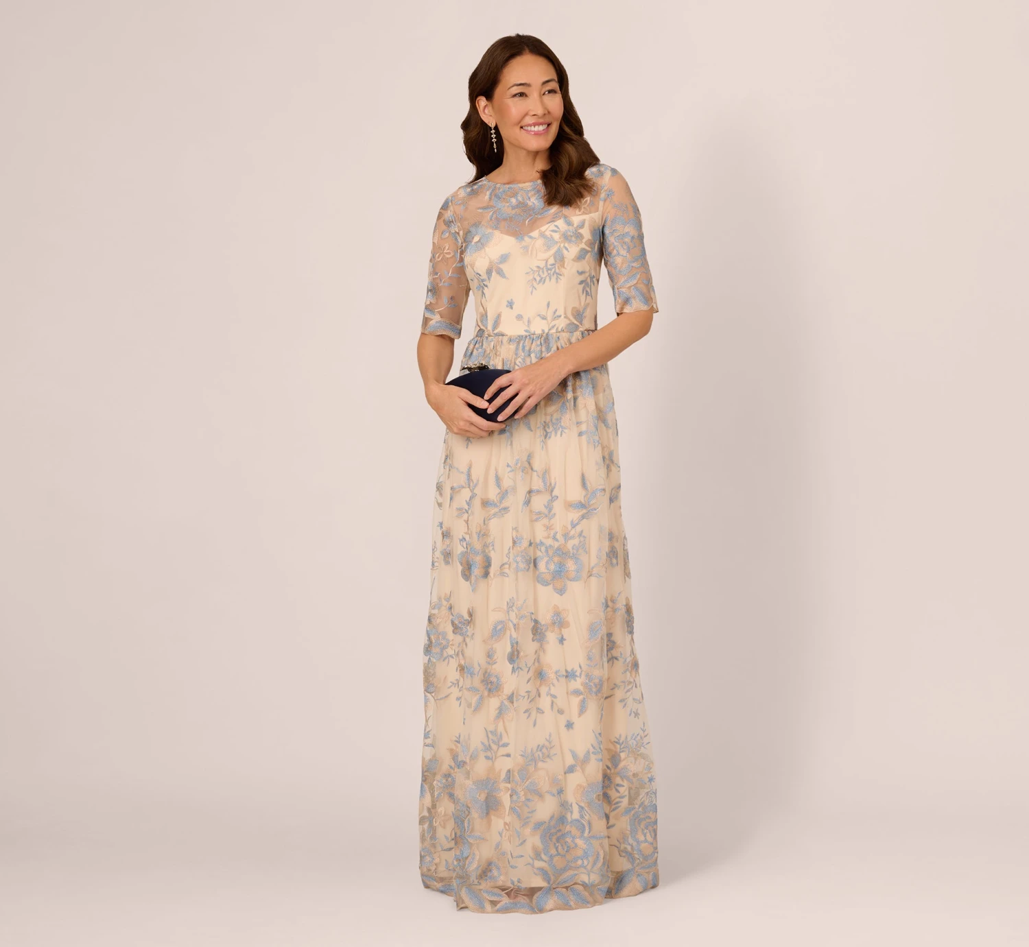 Adrianna Papell Short Sleeve Floral Embroidered Dress With Sheer Neckline In Thundercloud Gold 4 Adrianna Papell Short Sleeve Floral Embroidered Dress With Sheer Neckline In Thundercloud Gold - Image 2