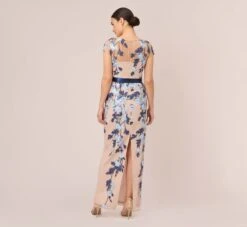 Adrianna Papell Short Sleeve Floral Embroidered Gown With Ribbon Tie Waist In Midnight Multi Nude 11 Adrianna Papell Short Sleeve Floral Embroidered Gown With Ribbon Tie Waist In Midnight Multi Nude -Adrianna Papell Shop AP1E201621 BV980 Regular Back