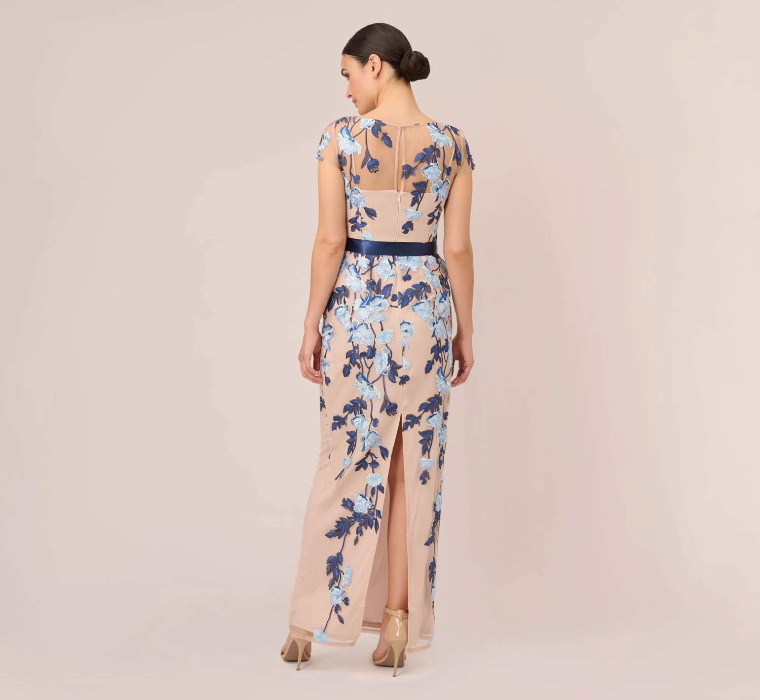 Adrianna Papell Short Sleeve Floral Embroidered Gown With Ribbon Tie Waist In Midnight Multi Nude 6 Adrianna Papell Short Sleeve Floral Embroidered Gown With Ribbon Tie Waist In Midnight Multi Nude - Image 4