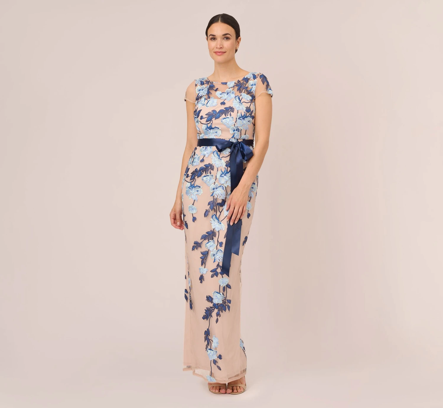 Adrianna Papell Short Sleeve Floral Embroidered Gown With Ribbon Tie Waist In Midnight Multi Nude 3 Adrianna Papell Short Sleeve Floral Embroidered Gown With Ribbon Tie Waist In Midnight Multi Nude