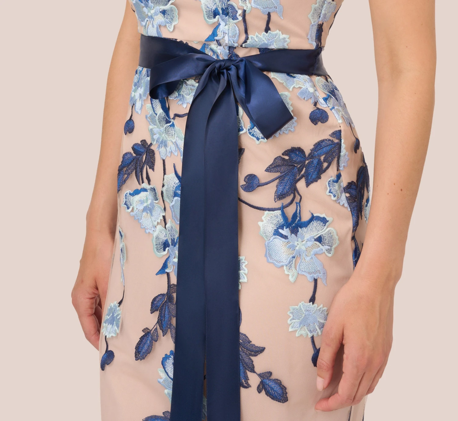 Adrianna Papell Short Sleeve Floral Embroidered Gown With Ribbon Tie Waist In Midnight Multi Nude 7 Adrianna Papell Short Sleeve Floral Embroidered Gown With Ribbon Tie Waist In Midnight Multi Nude - Image 5