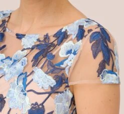 Adrianna Papell Short Sleeve Floral Embroidered Gown With Ribbon Tie Waist In Midnight Multi Nude 10 Adrianna Papell Short Sleeve Floral Embroidered Gown With Ribbon Tie Waist In Midnight Multi Nude -Adrianna Papell Shop AP1E201621 BV980 Regular Lifestyle