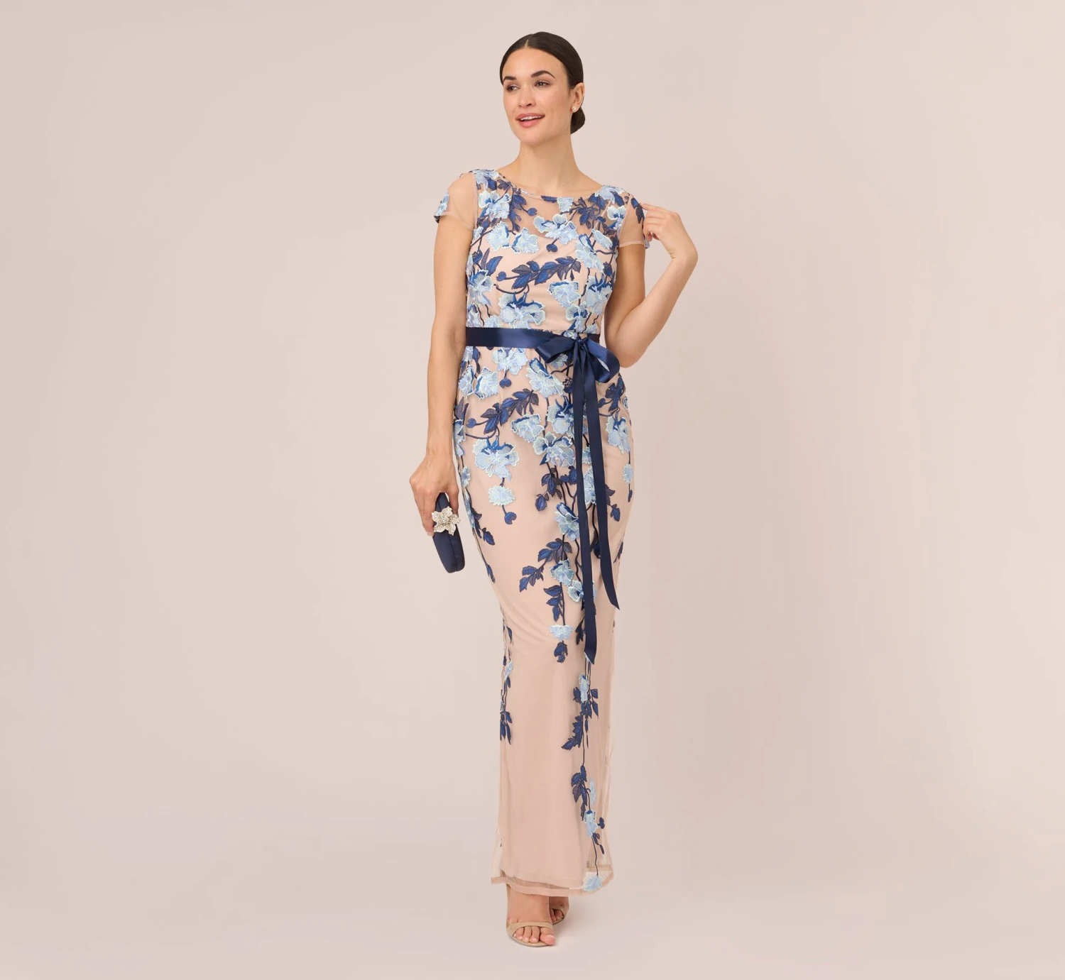 Adrianna Papell Short Sleeve Floral Embroidered Gown With Ribbon Tie Waist In Midnight Multi Nude 4 Adrianna Papell Short Sleeve Floral Embroidered Gown With Ribbon Tie Waist In Midnight Multi Nude - Image 2